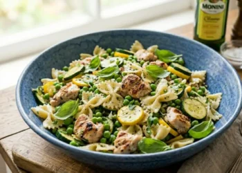 Un piatto di farfalle con pollo, zucchine a rondelle e piselli servito in una ciotola azzurra su un tavolo di legno.