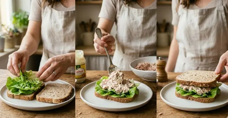 Prendete due fette di pane in cassetta e adagiate un paio di fette di insalata su una di queste. Con l’aiuto di un cucchiaio versate il composto di tonno e maionese sull’insalata, dopodichè coprite il tutto con l’altra fetta di pane. Mangiate subito oppure avvolgete il sandwich nella pellicola da cucina e conservatelo in frigorifero per non più di qualche ora.