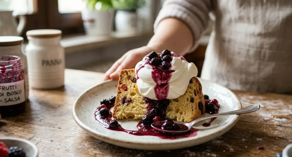 Panettone Estivo con Panna e Mirtilli Impiattamento di una fetta di panettone estivo guarnita con un ciuffo di panna montata e salsa ai mirtilli su un piatto chiaro