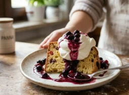 Panettone Estivo con Panna e Mirtilli Impiattamento di una fetta di panettone estivo guarnita con un ciuffo di panna montata e salsa ai mirtilli su un piatto chiaro