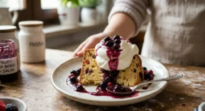Impiattamento di una fetta di panettone estivo guarnita con un ciuffo di panna montata e salsa ai mirtilli su un piatto chiaro