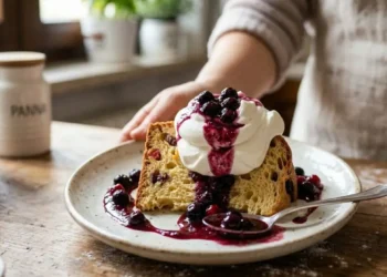 Impiattamento di una fetta di panettone estivo guarnita con un ciuffo di panna montata e salsa ai mirtilli su un piatto chiaro