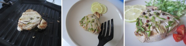 Mettete i filetti di tonno su un piatto da portata, aggiungete dell’insalata, qualche fettina di limone e decorate con dei grani di pepe. Servite subito il piatto ben caldo.
 