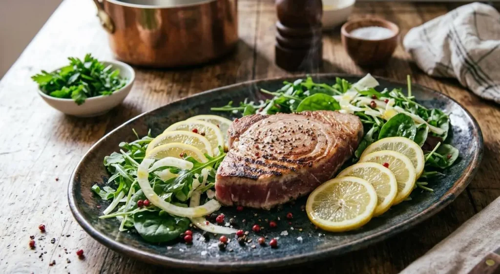 Filetto di tonno grigliato servito su un piatto da portata con insalata fresca, fettine di limone e grani di pepe, pronto da servire caldo.