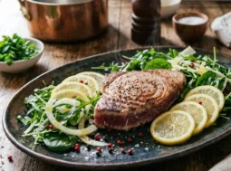 Filetto di tonno grigliato servito su un piatto da portata con insalata fresca, fettine di limone e grani di pepe, pronto da servire caldo.