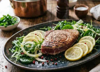 Filetto di tonno grigliato servito su un piatto da portata con insalata fresca, fettine di limone e grani di pepe, pronto da servire caldo.
