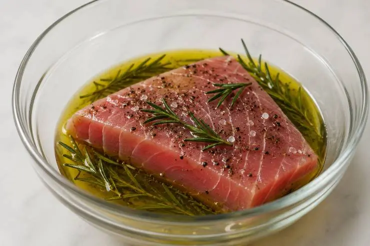 In una ciotola versate tre cucchiai di olio extravergine di oliva, qualche grano di pepe, un pizzico di sale, il rosmarino tritato grossolanamente e il succo di mezzo limone. Mettete all’interno della ciotola il filetto di tonno, dopodiché coprite con della pellicola da cucina e fate riposare in frigo per almeno mezz’ora.