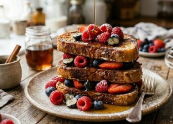 Torre di French Toast dorati serviti su un piatto rustico, farciti con lamponi, mirtilli e fragole fresche, con sciroppo d'acero colato sopra.