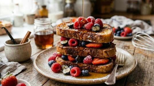 Torre di French Toast dorati serviti su un piatto rustico, farciti con lamponi, mirtilli e fragole fresche, con sciroppo d'acero colato sopra.