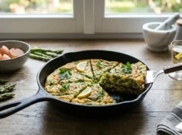 Primo piano di una frittata di asparagi alta e dorata servita in una padella di ghisa su un tavolo di legno, con una fetta sollevata che mostra l'interno soffice e gli asparagi verdi.