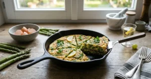Primo piano di una frittata di asparagi alta e dorata servita in una padella di ghisa su un tavolo di legno, con una fetta sollevata che mostra l'interno soffice e gli asparagi verdi.