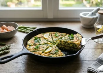 Primo piano di una frittata di asparagi alta e dorata servita in una padella di ghisa su un tavolo di legno, con una fetta sollevata che mostra l'interno soffice e gli asparagi verdi.