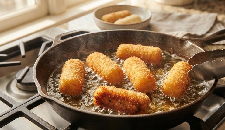 In un tegame versate l’olio di semi e fatelo scaldare bene, dopodichè iniziate a friggere le crocchette facendole cuocere fino a quando non saranno ben dorate. Ponetele prima su della carta assorbente e poi trasferitele in un piatto da portata. Salate e servite subito.