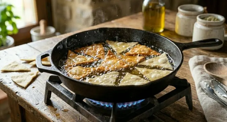 In un tegame mettete a scaldare l’olio di semi e, una volta pronto, friggete le tortillas chips avendo cura di girarle durante la cottura. Una volta cotte adagiatele su della carta da cucina assorbente e poi in una ciotola. Servitele calde o tiepide accompagnate da una o più salse.