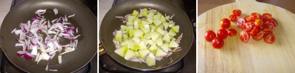 In una padella piuttosto profonda versate qualche cucchiaio di olio e la cipolla tagliata grossolanamente, fate appassire per qualche minuto partendo da una cottura a freddo. Aggiungete i cubetti di zucchina, il sale, un bicchiere di acqua tiepida e fate cuocere a fuoco dolce e con il coperchio per almeno 20 minuti. Tagliate i pomodorini in due e lasciateli a scolare per qualche minuto, in modo tale da eliminare l’acqua in eccesso.