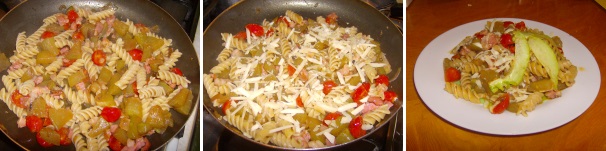 Scolate la pasta ed aggiungetela al sugo, amalgamate bene il tutto e mantecate con una generosa manciata di pecorino romano. Servite il piatto ben caldo.
 