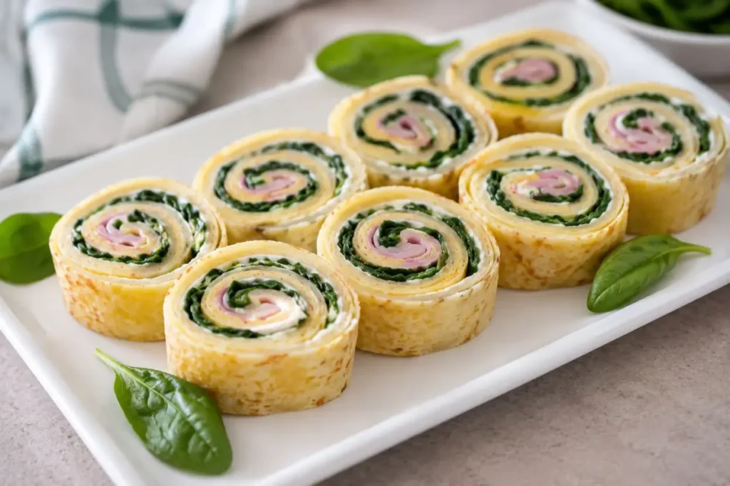 Girelle di crepes farcite con formaggio spalmabile, spinaci e prosciutto cotto disposte su un piatto da portata.