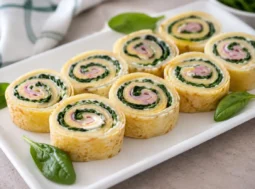 Girelle di Crepes con Spinaci e Prosciutto Cotto Pronte da Servire Girelle di crepes farcite con formaggio spalmabile, spinaci e prosciutto cotto disposte su un piatto da portata.