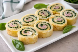 Girelle di crepes farcite con formaggio spalmabile, spinaci e prosciutto cotto disposte su un piatto da portata.