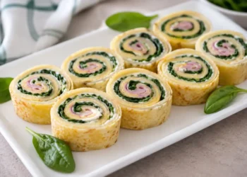 Girelle di crepes farcite con formaggio spalmabile, spinaci e prosciutto cotto disposte su un piatto da portata.