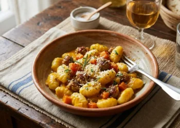 Gnocchi di patate conditi con crema di zucca a dadini e salsiccia rosolata serviti in un piatto fondo in ceramica