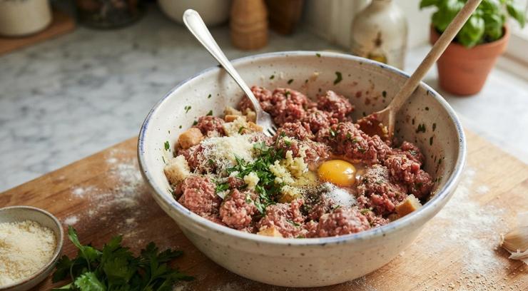 In una ciotola capiente versate la carne macinata, l’uovo, il prezzemolo tritato, un pizzico di sale e un pizzico di pepe. Mescolate bene il tutto, con un cucchiaio di legno o con le mani, e formate delle polpettine (almeno otto), dopodiché passatele nella farina.