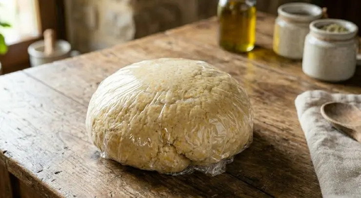 Aggiungete l’acqua a poco alla volta e mescolate, prima con un cucchiaio e poi con le dita, fino ad ottenere un composto compatto ed omogeneo. Avvolgetelo nella pellicola e lasciatelo riposare per circa 30 minuti in un luogo fresco.