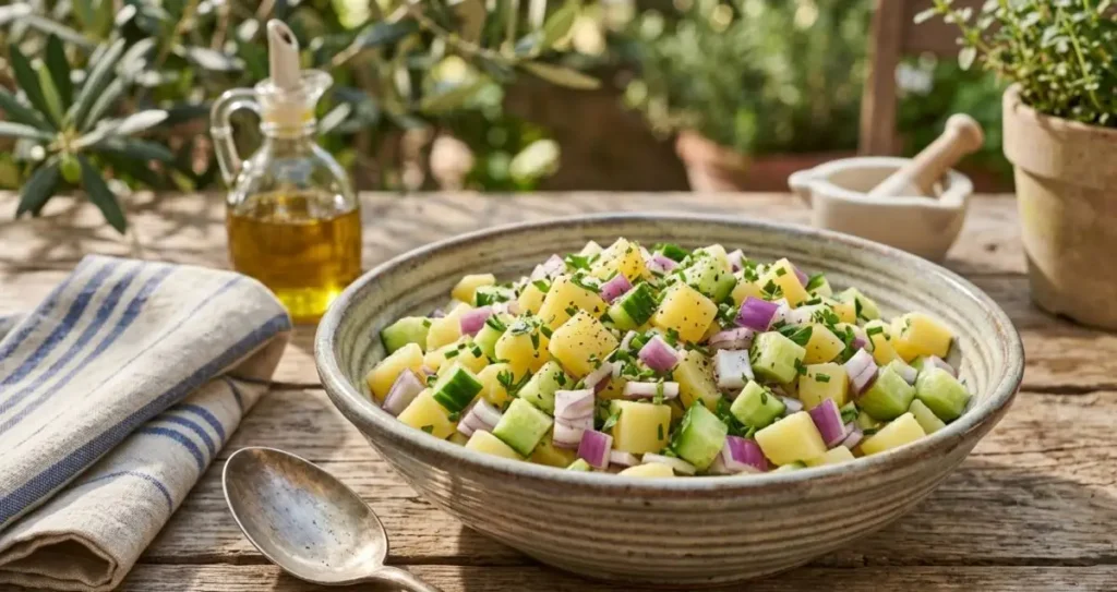 Insalata estiva rinfrescante a cubetti con patate, cetrioli e cipolla, servita in giardino.