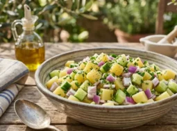 Insalata estiva rinfrescante a cubetti con patate, cetrioli e cipolla, servita in giardino.
