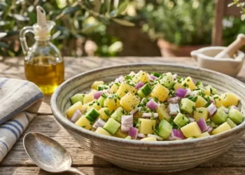 Insalata estiva rinfrescante a cubetti con patate, cetrioli e cipolla, servita in giardino.