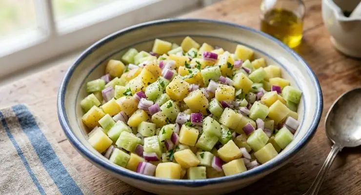 Lasciate intiepidire le patate, tagliatele a cubetti e versatele all’interno di una ciotola. Lavate il cetriolo ed eliminate le due estremità, dopodiché tagliatelo a cubetti ed aggiuntelo alle patate. Tritate grossolanamente la cipolla e versatela all’interno della ciotola. Fate lo stesso con l’erba cipollina.