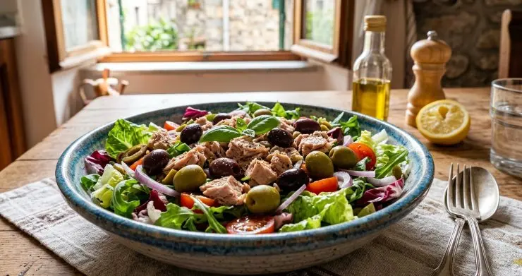 Lavate le foglie di lattuga, tagliatele grossolanamente e trasferitele in un piatto da portata. Aggiungete le olive, sia nere che verdi, e il tonno in scatola privato dell’eventuale olio di conservazione.