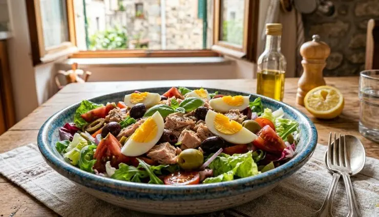 Lavate i pomodori, tagliateli a spicchi e aggiungeteli all’insalata. Tagliate l’uovo in quattro parti e mettetelo sull’insalata, dopodiché condite il tutto con un filo di olio extravergine di oliva e con un pizzico di sale. Servite subito oppure mettete il piatto in frigorifero, coperto con della pellicola da cucina, e tiratelo fuori dopo qualche ora, al momento di mangiarlo.