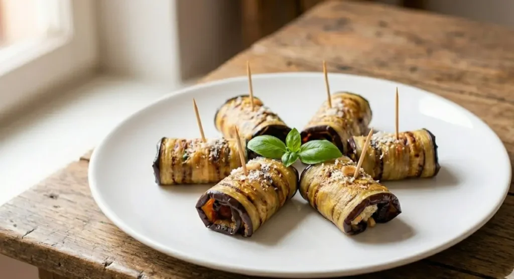 Sei involtini di melanzane grigliate disposti a raggiera su un piatto bianco, farciti con formaggio, guarniti con una foglia di basilico e chiusi con stuzzicadenti, su un tavolo di legno rustico.
