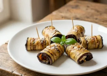 Sei involtini di melanzane grigliate disposti a raggiera su un piatto bianco, farciti con formaggio, guarniti con una foglia di basilico e chiusi con stuzzicadenti, su un tavolo di legno rustico.