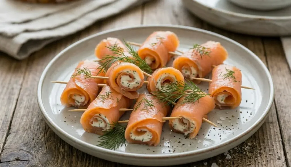 Involtini di salmone affumicato ripieni di formaggio spalmabile all'aneto, serviti su un piatto da portata grigio chiaro con stuzzicadenti.