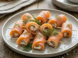 Involtini di salmone affumicato ripieni di formaggio spalmabile all'aneto, serviti su un piatto da portata grigio chiaro con stuzzicadenti.