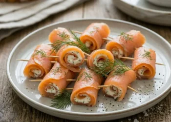 Involtini di salmone affumicato ripieni di formaggio spalmabile all'aneto, serviti su un piatto da portata grigio chiaro con stuzzicadenti.