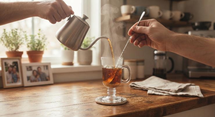 Preparate un caffè lungo e versatelo bollente all’interno del bicchiere. Aggiungete un cucchiaino di zucchero di canna e mescolate bene fino a quando non risulta completamente sciolto.
