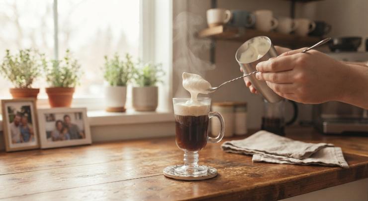 Montate leggermente la panna fresca e versatela sopra al caffè aiutandovi con un cucchiaino, facendo attenzione a non mescolarla al caffè. Servite subito.