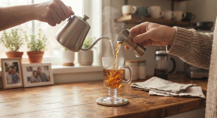 Scaldate un bicchiere con dell’acqua bollente e versate al suo interno il whiskey.