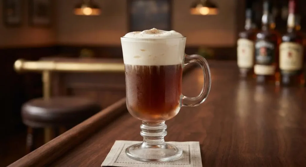 irish coffee pronto per essere servito Irish Coffee in bicchiere di vetro su bancone in legno con panna montata in superficie