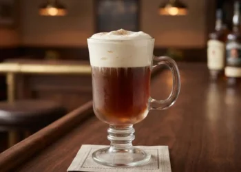 Irish Coffee in bicchiere di vetro su bancone in legno con panna montata in superficie
