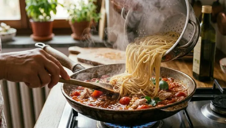 Una volta che gli spaghetti sono cotti, scolateli e versateli all’interno della padella con il sugo di pomodorini e tonno. Accendete il fuoco a fiamma viva e mescolate per un paio di minuti, in modo tale da far amalgamare bene gli ingredienti. Spegnete il fuoco, aggiungete un filo di olio extravergine di oliva a crudo, mescolate, trasferite nei piatti da portata e servite subito.