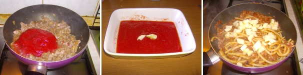 Appena il tutto sarà cotto versate metà della passata di pomodoro e fate cuocere per dieci minuti circa. A questo punto prendete una teglia, versateci il restante pomodoro, con un paio di generosi bicchieri d’acqua, sale, pepe, un filo d’olio, uno spicchio d’aglio schiacciato e mettete in forno a 200 °C, partendo dal forno freddo. In una pentola con acqua e sale cuocete i bucatini e scolateli al dente; versateli nel sugo precedentemente preparato e mescolate il tutto, aggiungete 4 fette di formaggio filante a dadini e mescolate.