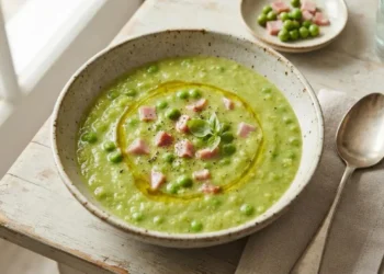 Minestra di piselli e prosciutto cotto cremosa servita in un piatto fondo con un filo d'olio extravergine d'oliva e piselli interi.