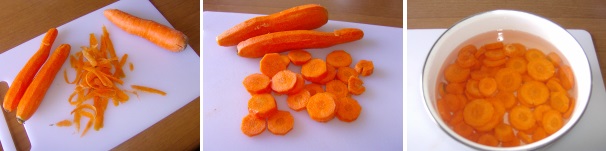 Pulite le carote, tagliatele a rondelle e mettetele a bagno per 10 minuti in acqua fredda e ghiaccio, questo le aiuterà a mantenere croccantezza.
