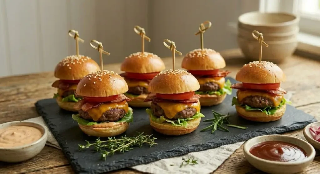 Sei mini hamburger gourmet impiattati su un vassoio di ardesia con salse e rosmarino, serviti su un tavolo di legno rustico.