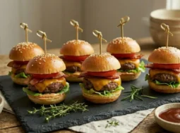 Mini Hamburger Gourmet per Aperitivo Sfizioso Sei mini hamburger gourmet impiattati su un vassoio di ardesia con salse e rosmarino, serviti su un tavolo di legno rustico.