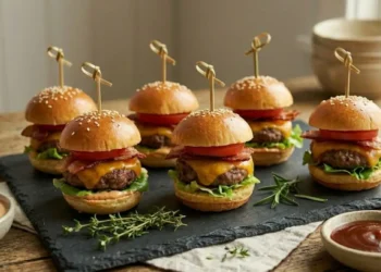 Sei mini hamburger gourmet impiattati su un vassoio di ardesia con salse e rosmarino, serviti su un tavolo di legno rustico.